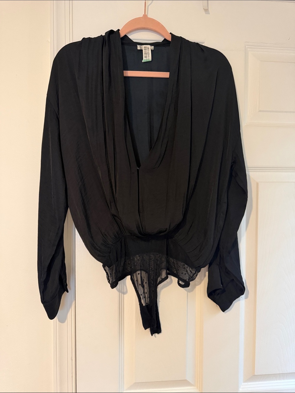 Free People Black Draped V-Neck Long Sleeve Bodysuit with Lace Trim